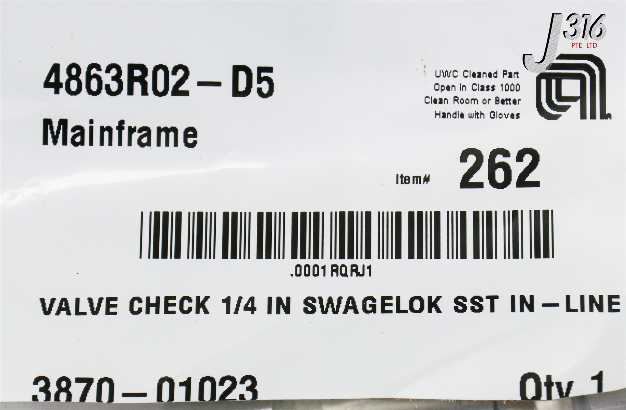 16801 APPLIED MATERIALS VALVE CHECK 1/4 IN SWAGELOK SST IN-LINE